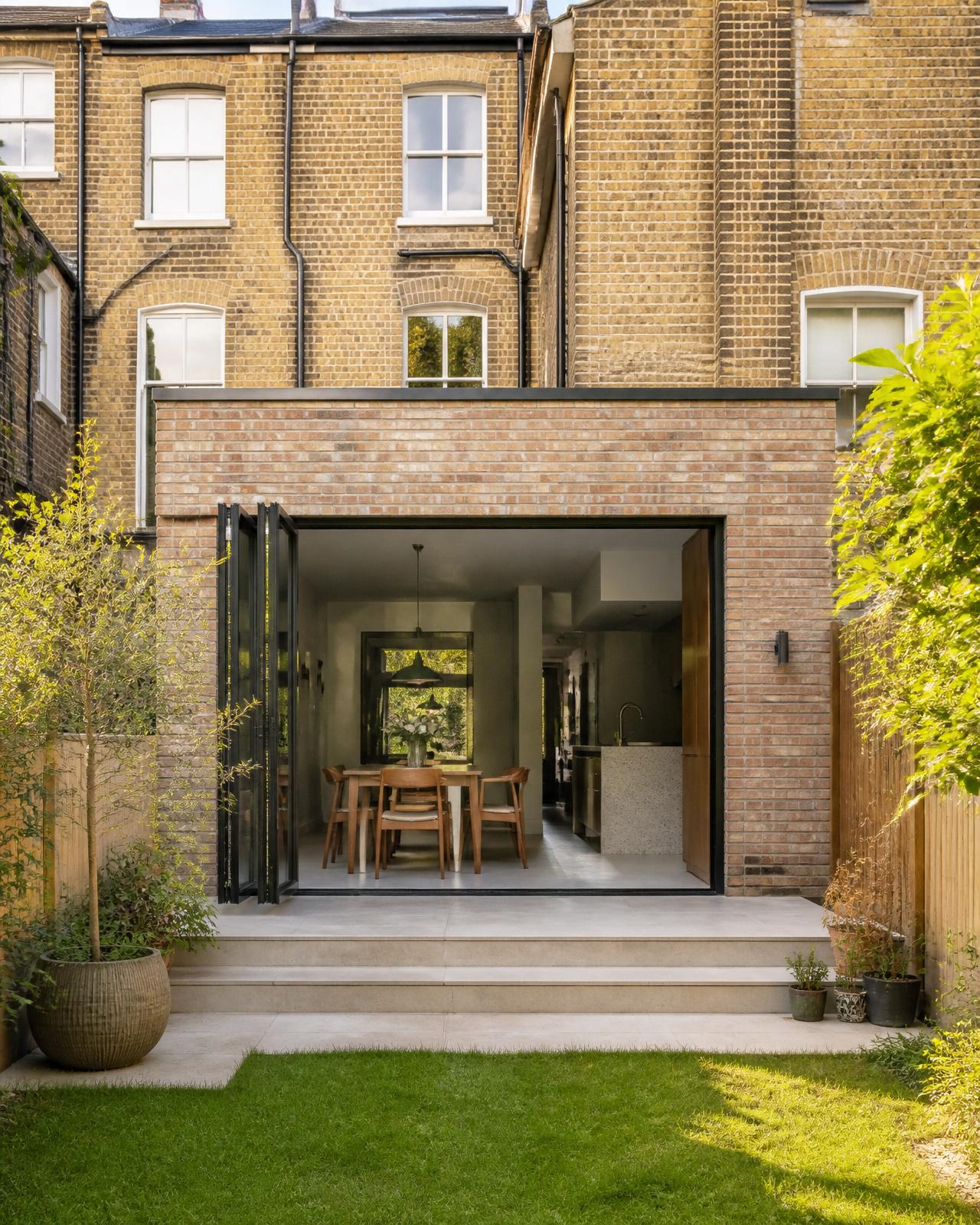 A newly built brick boundary wall between two London gardens at golden hour